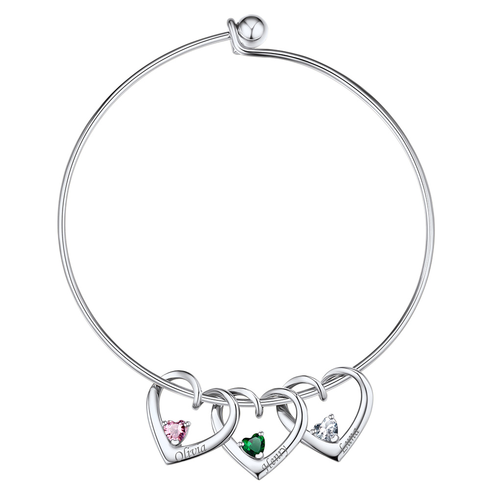Personalized Family 3 Hearts Birthstone Bangle Bracelet for Mom Silver