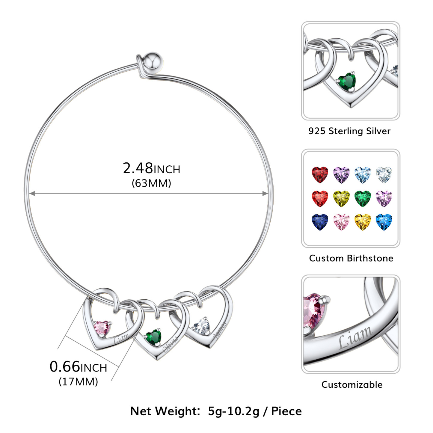 Personalized Family Heart Birthstone Bangle Bracelet for Mom detail