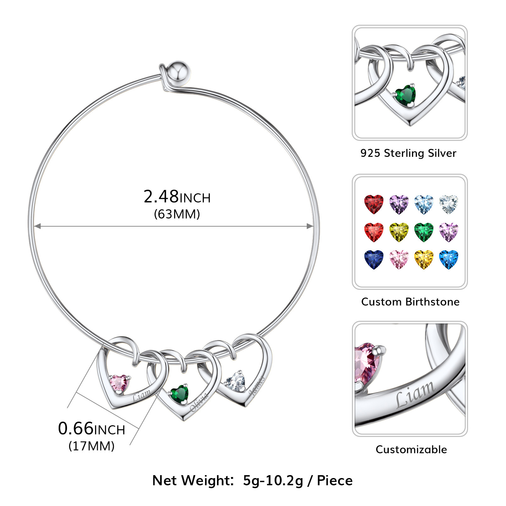 Personalized Family Heart Birthstone Bangle Bracelet for Mom detail