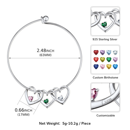 Personalized Family Heart Birthstone Bangle Bracelet for Mom detail