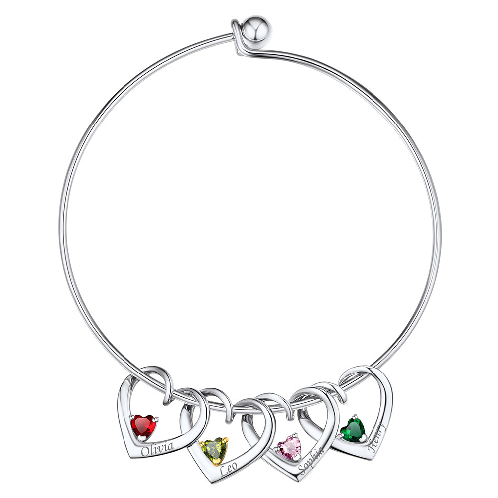 Personalized Family Heart Birthstone Bangle Bracelet for Mom
