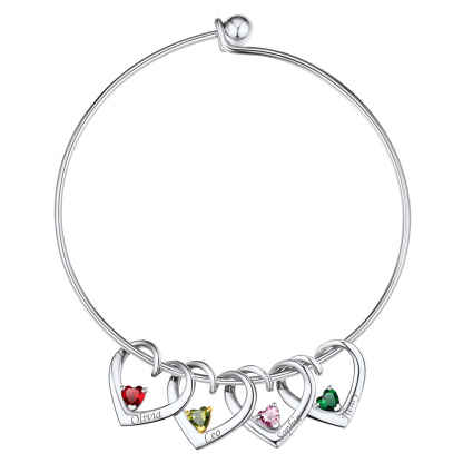 Personalized Family Heart Birthstone Bangle Bracelet for Mom