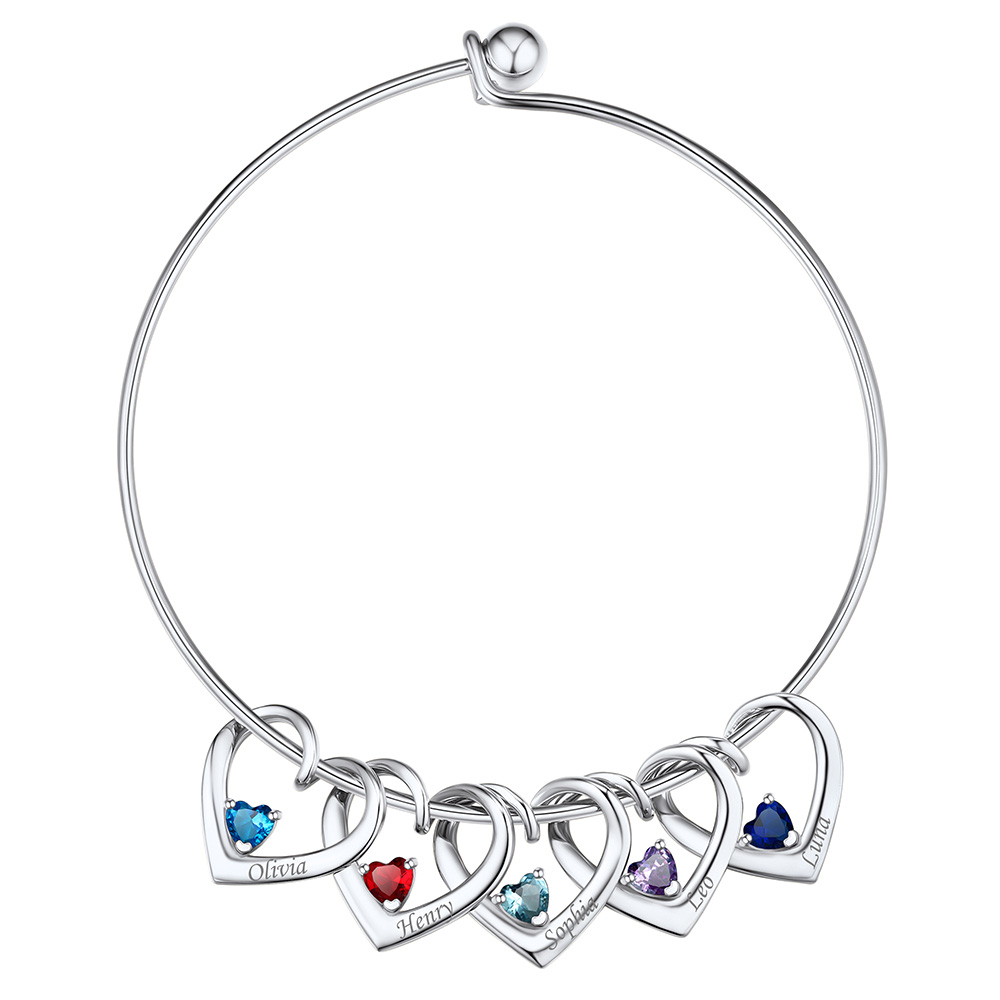 Personalized Family 5 Hearts Birthstone Bangle Bracelet for Mom Silver