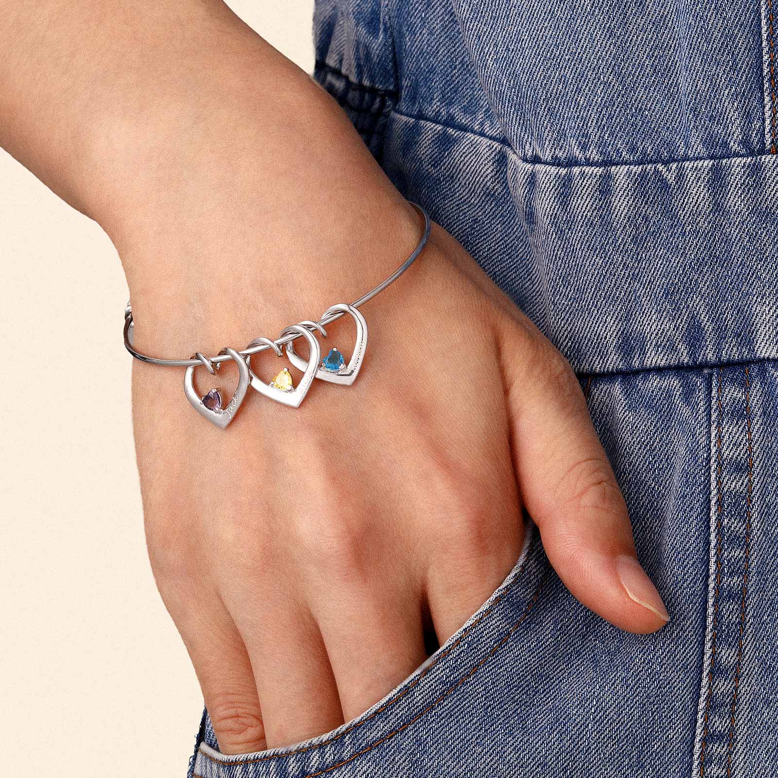 Family Heart Birthstone Bangle Bracelet for Mom