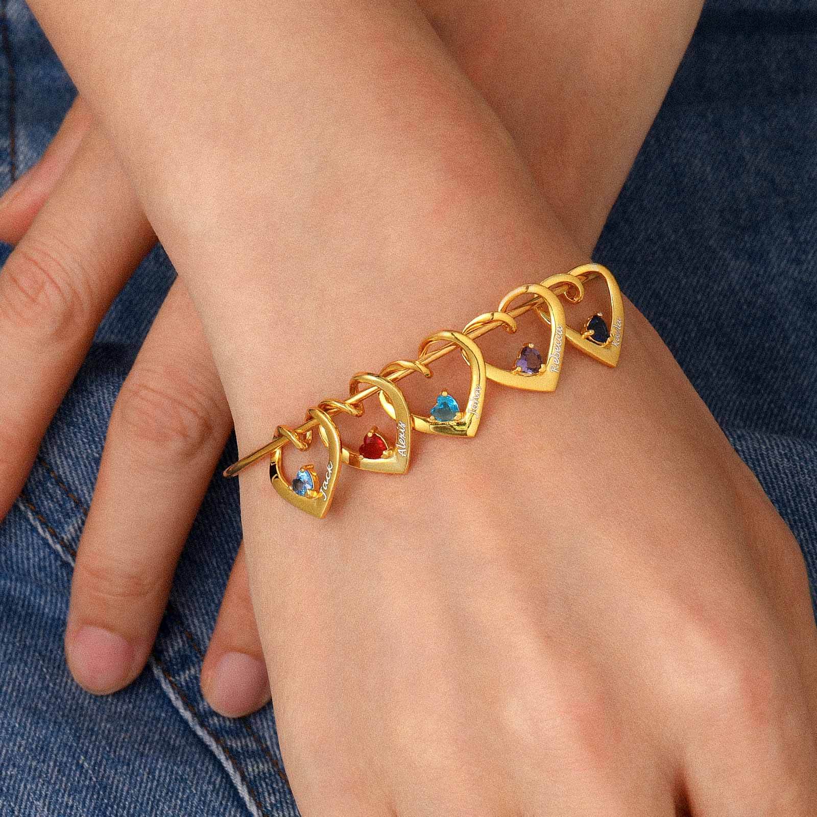 Personalized Family Heart Birthstone Bangle Bracelet for women