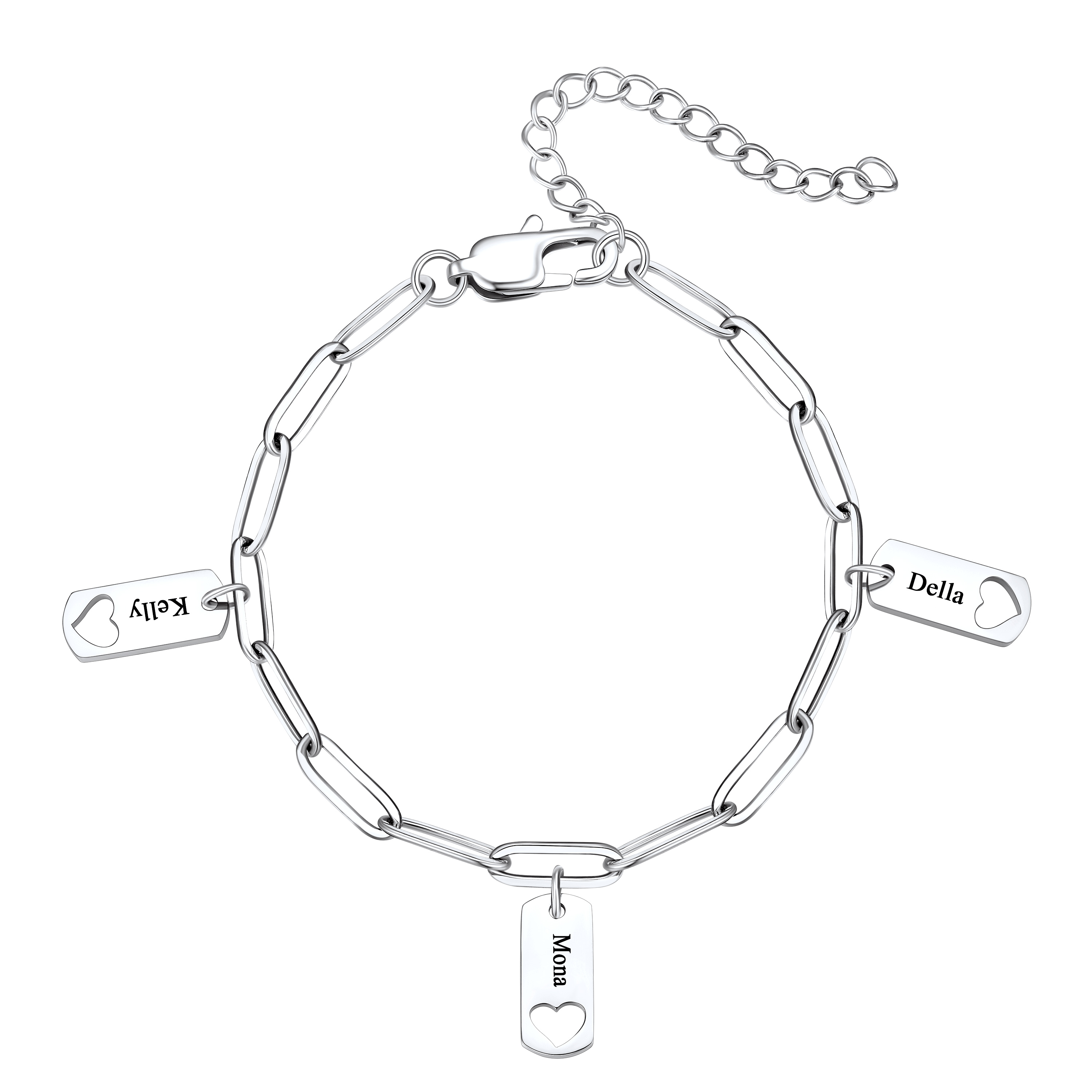 Custom Engraved 3 Name Heart Charm Bracelet