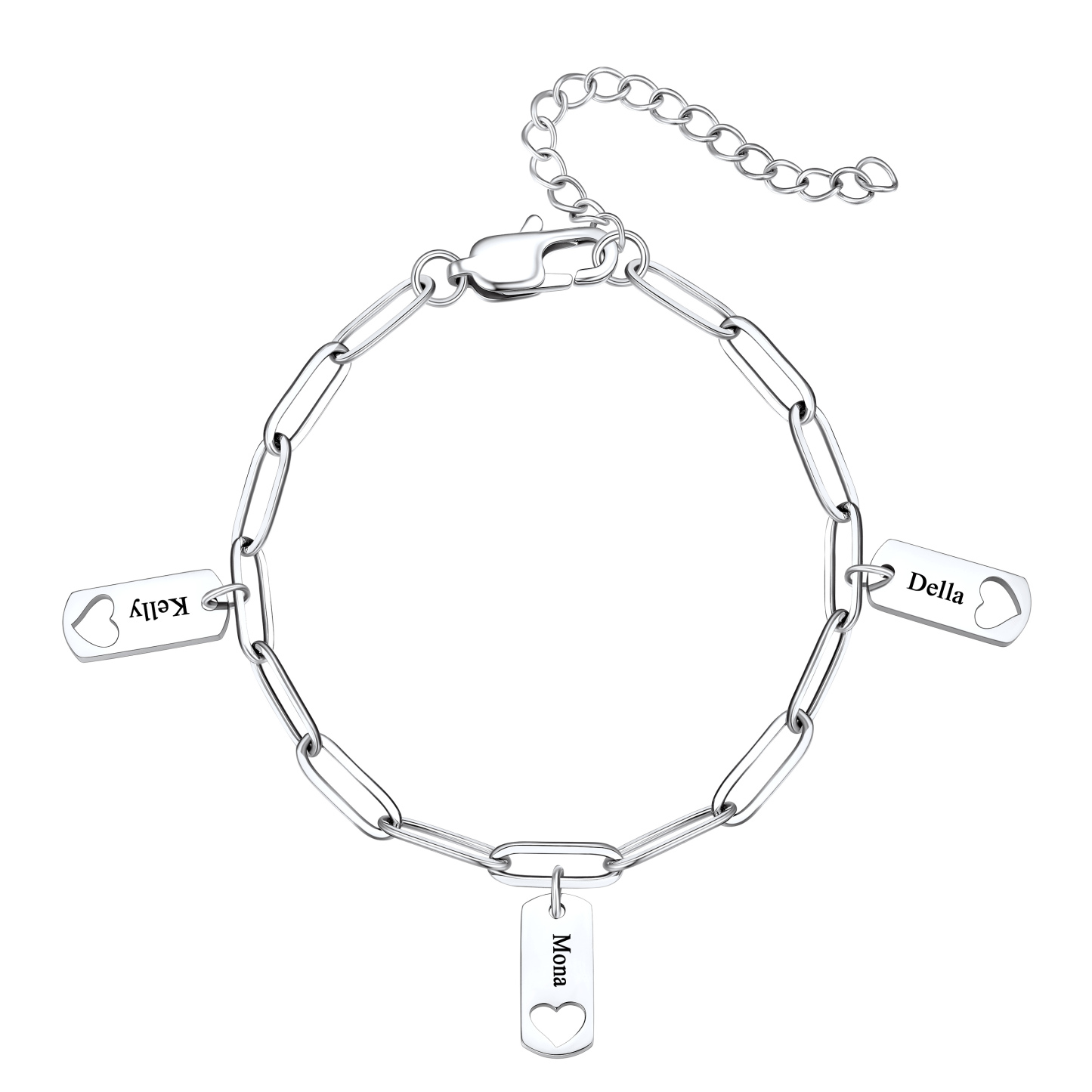 Custom Engraved 3 Name Heart Charm Bracelet