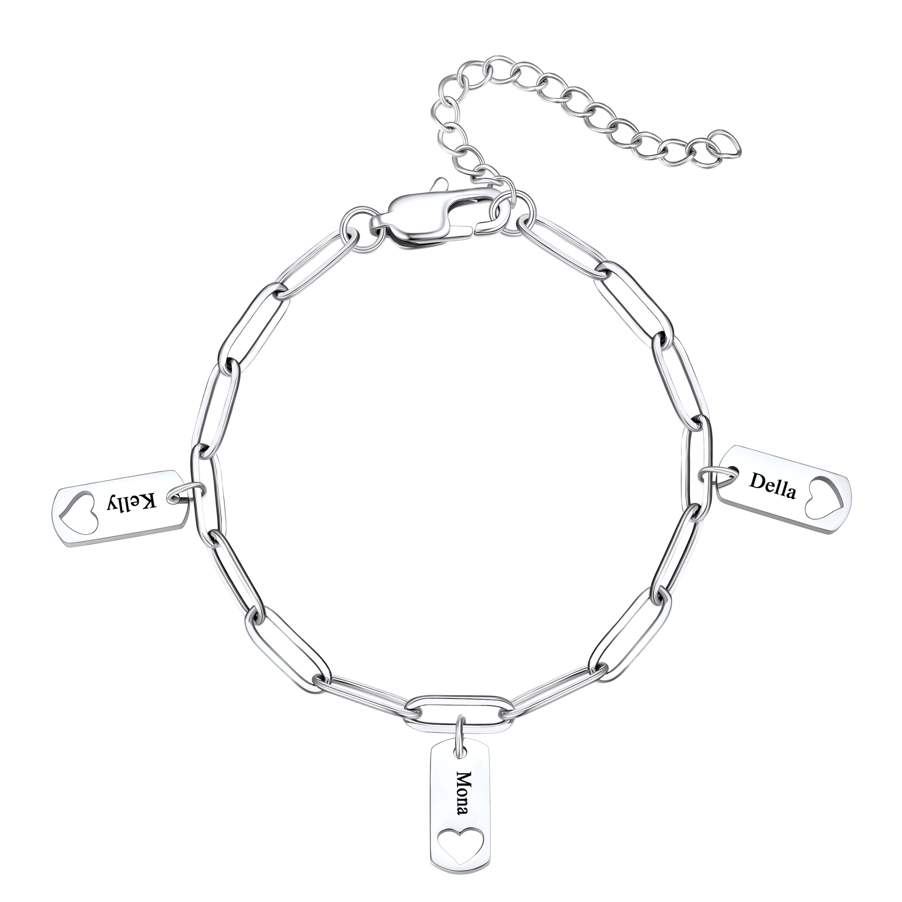 Custom Engraved 3 Name Heart Charm Bracelet