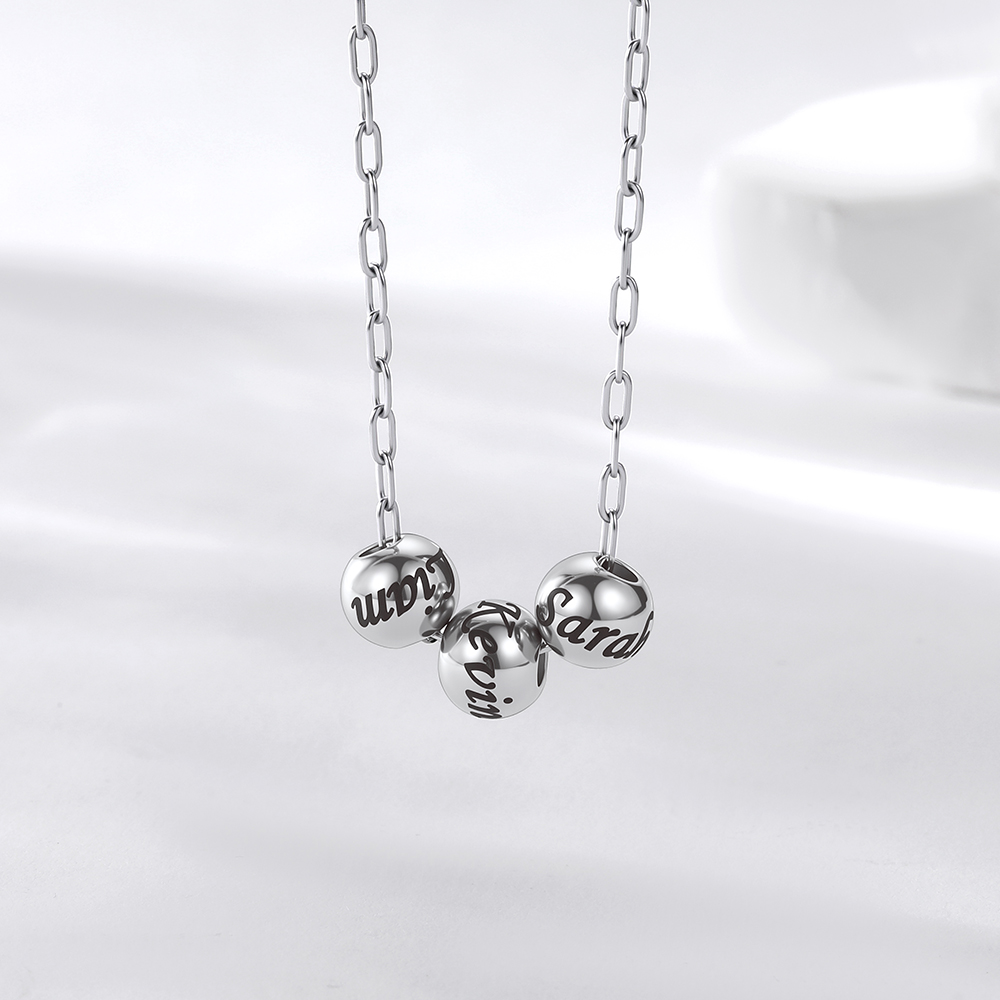 Personalized 1-8 Name Bead Ball Necklace Silver