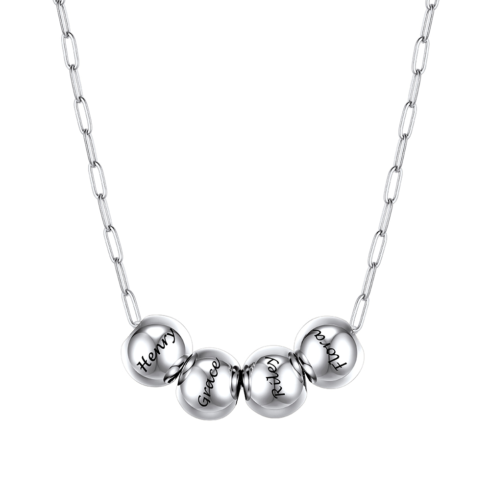 Personalized 4 Name Bead Ball Necklace Silver