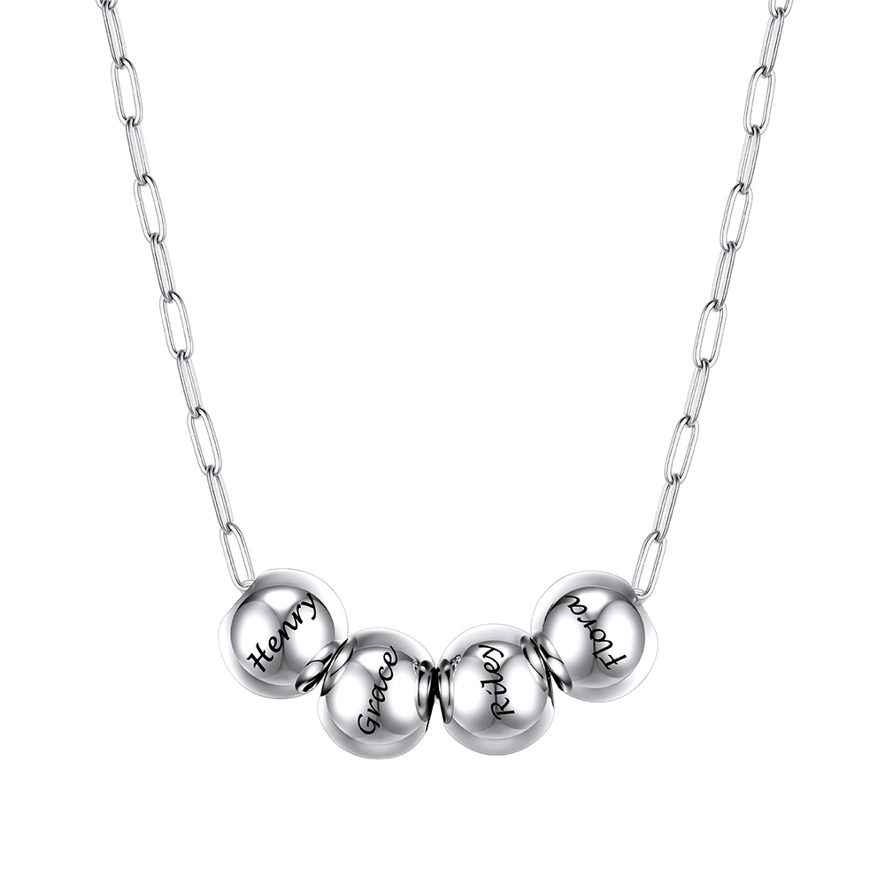 Personalized 4 Name Bead Ball Necklace Silver