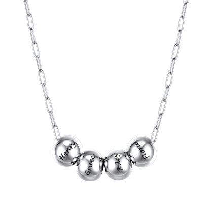 Personalized 4 Name Bead Ball Necklace Silver