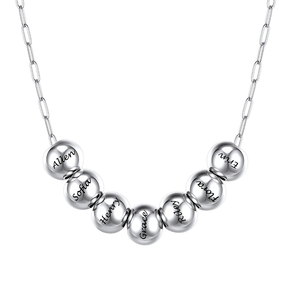 Personalized 7 Name Bead Ball Necklace Silver