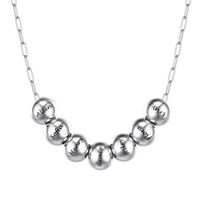Personalized 7 Name Bead Ball Necklace Silver