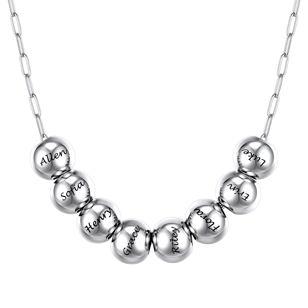 Personalized 8 Name Bead Ball Necklace Silver