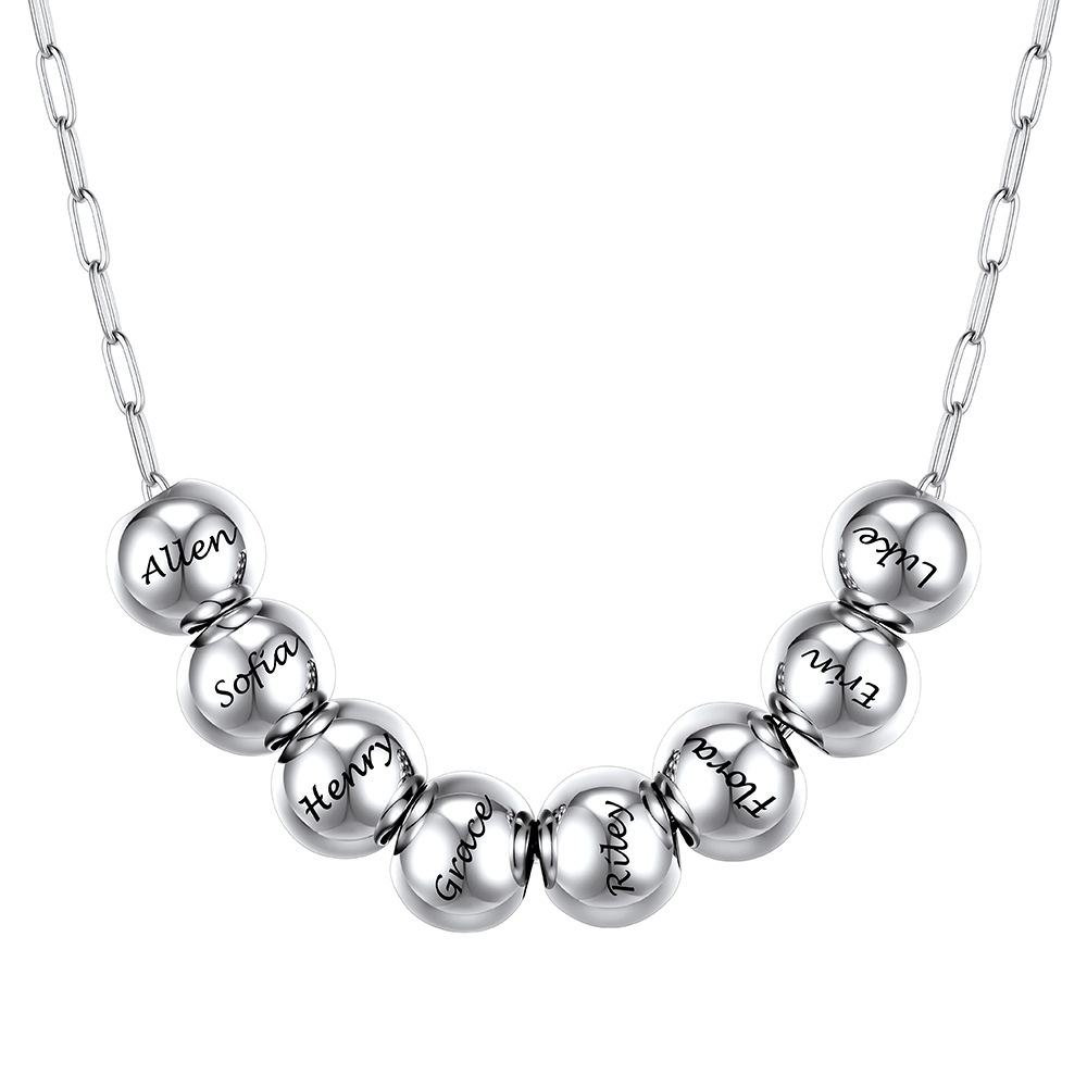 Personalized 8 Name Bead Ball Necklace Silver