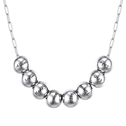 Personalized 8 Name Bead Ball Necklace Silver