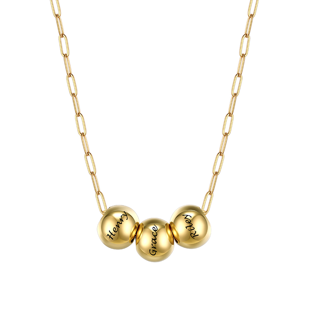 Personalized 3 Name Bead Ball Necklace  Gold