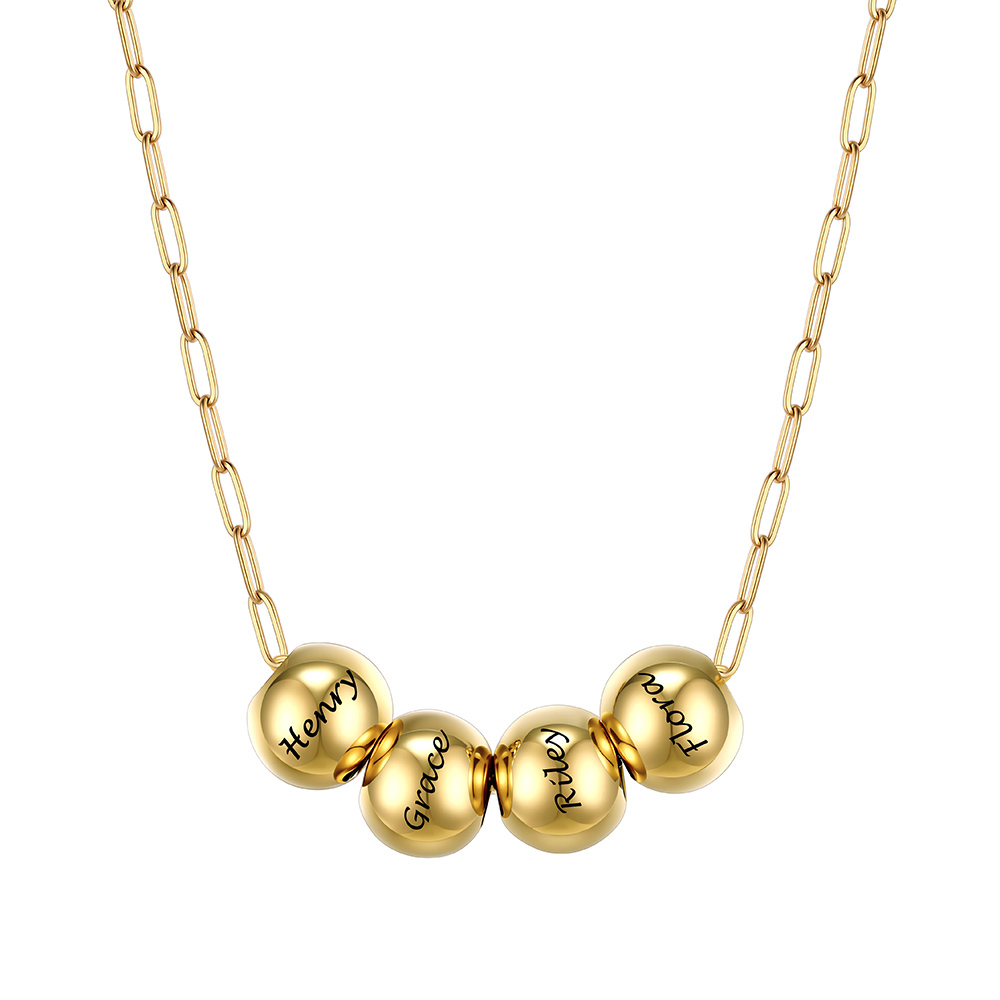 Personalized 4 Name Bead Ball Necklace Gold
