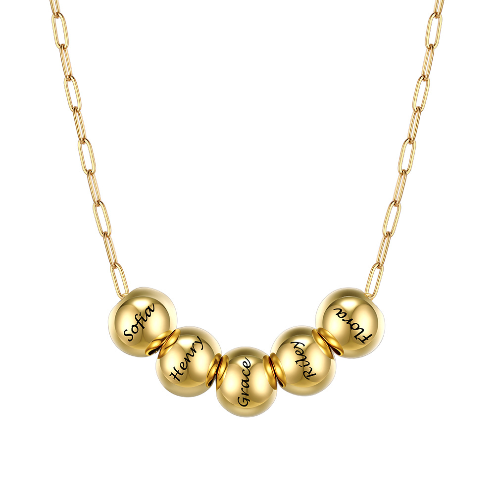 Personalized 5 Name Bead Ball Necklace  Gold