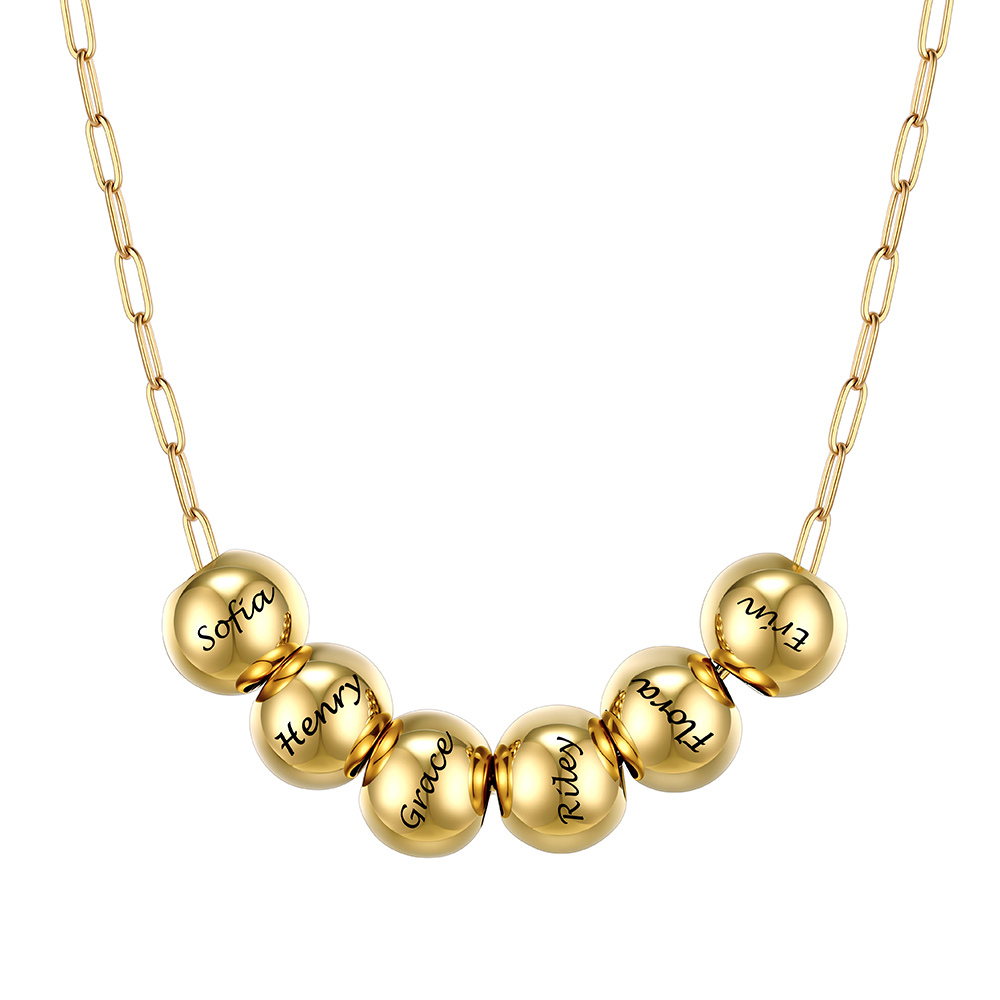 Personalized 6 Name Bead Ball Necklace  Gold