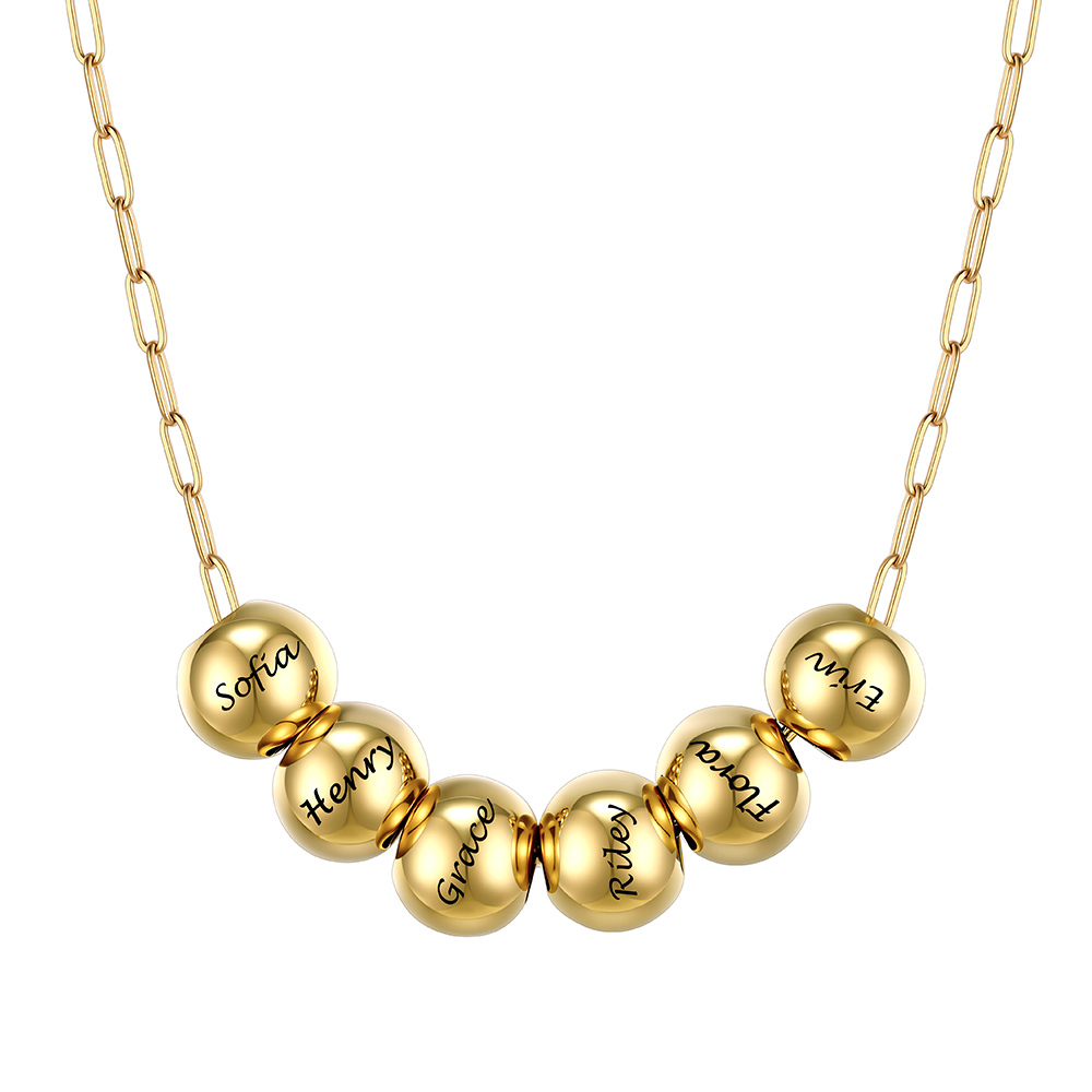 Personalized 6 Name Bead Ball Necklace  Gold