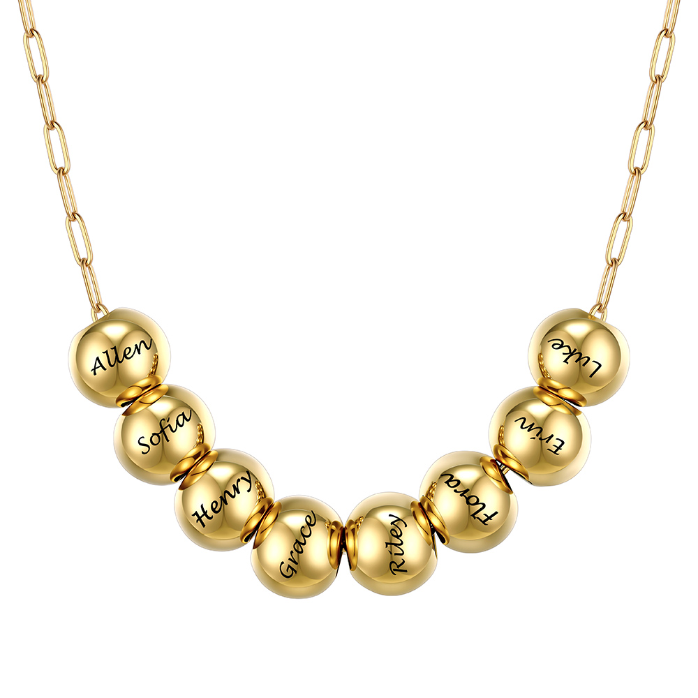 Personalized 8 Name Bead Ball Necklace Gold