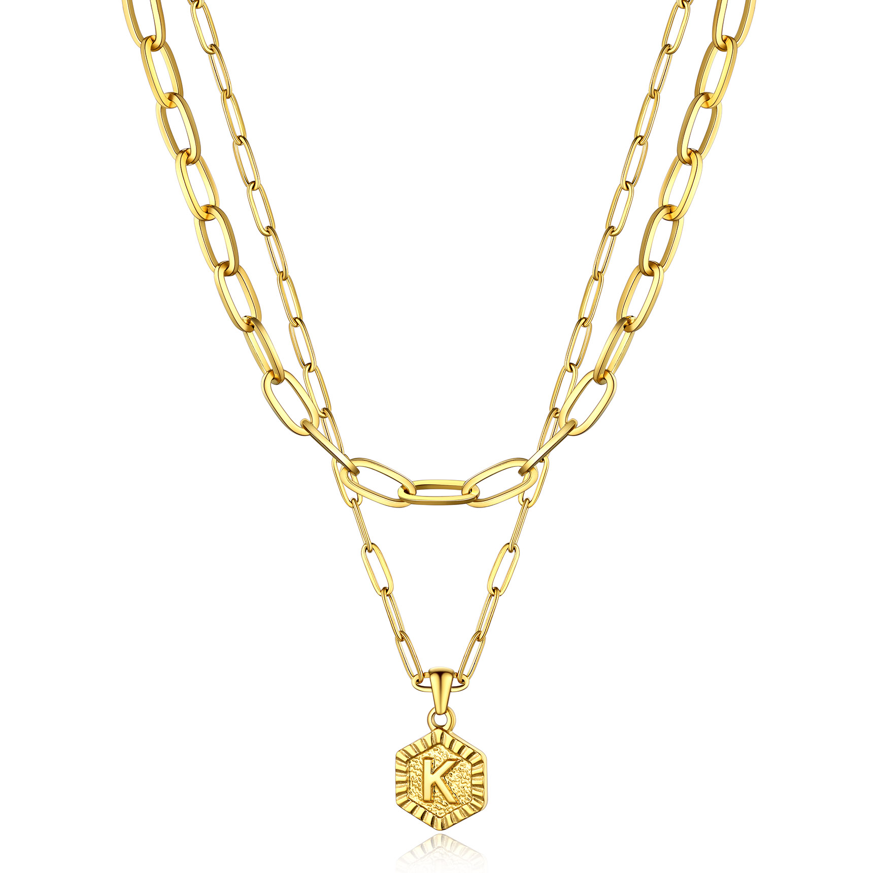 Initial 18K Gold Layered Necklaces Paperclip Chain For Women gold k