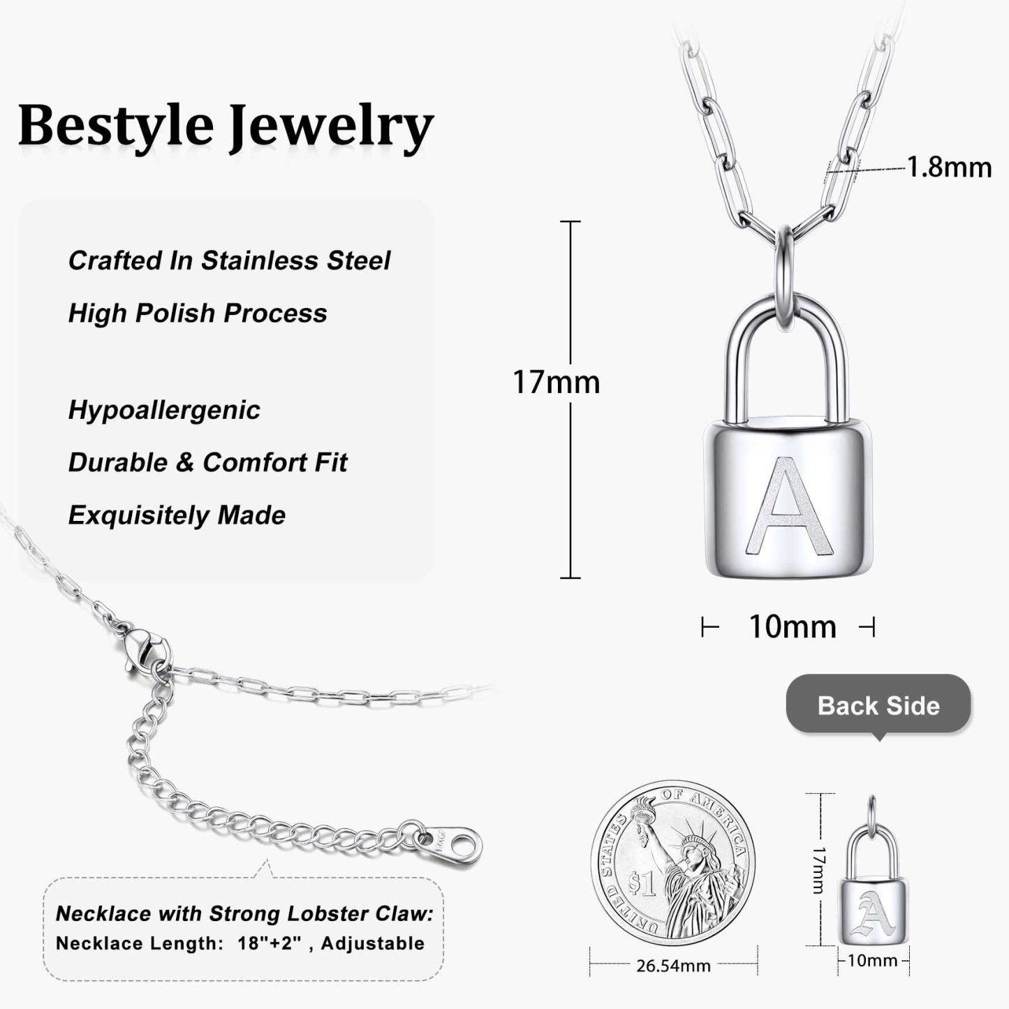 Lock Initial Necklace for Women Stainless Steel Paperclip Chain Padlock size