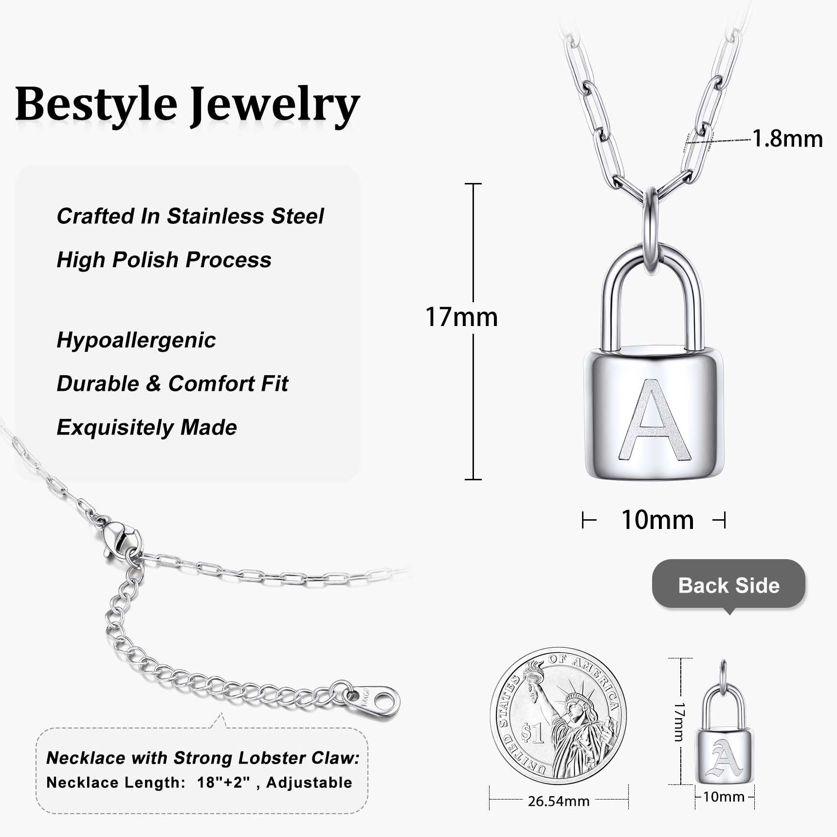 Lock Initial Necklace for Women Stainless Steel Paperclip Chain Padlock size