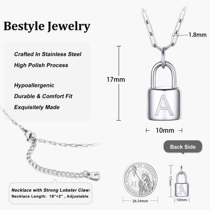 Lock Initial Necklace for Women Stainless Steel Paperclip Chain Padlock size