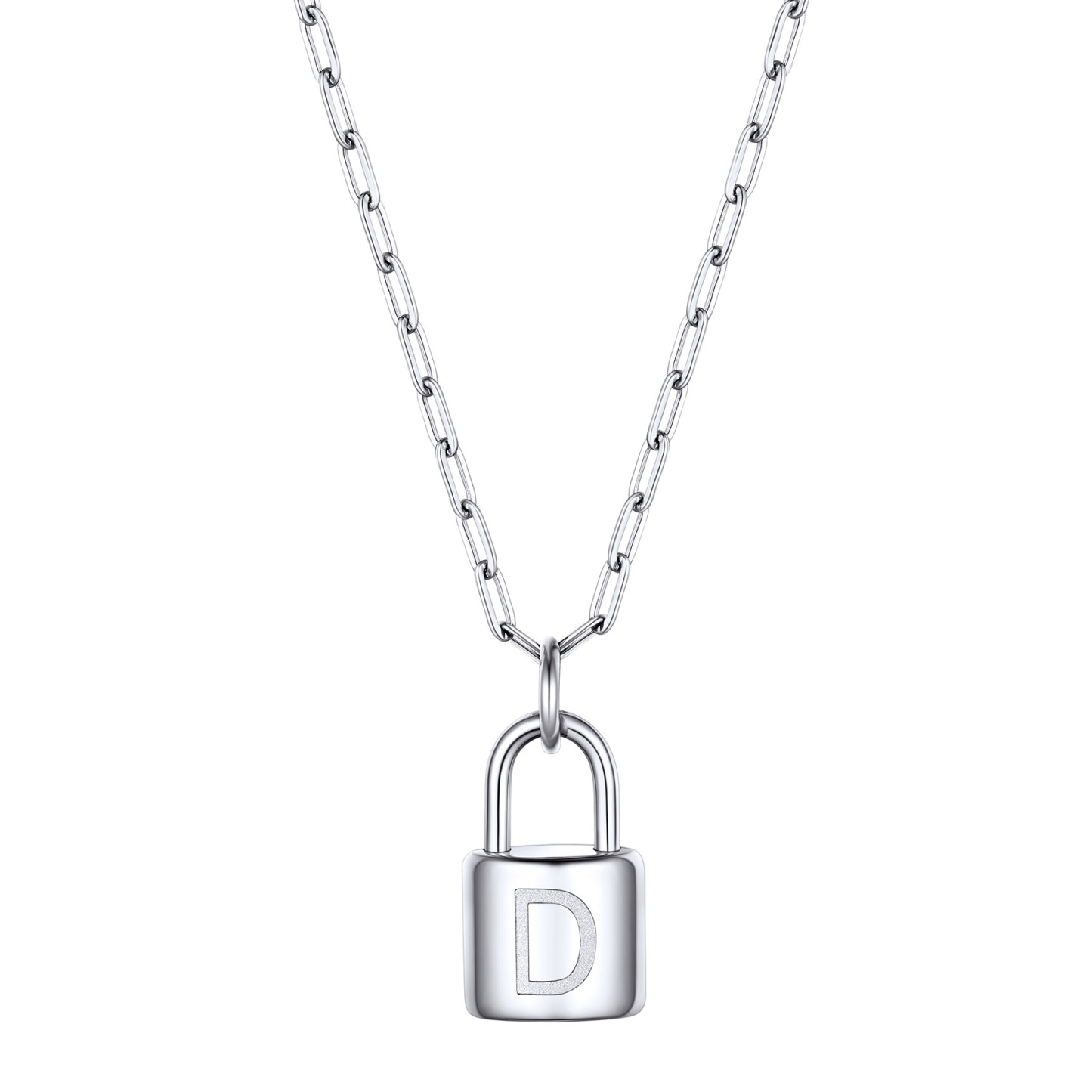 Lock Initial Necklace for Women Stainless Steel Paperclip Chain Padlock