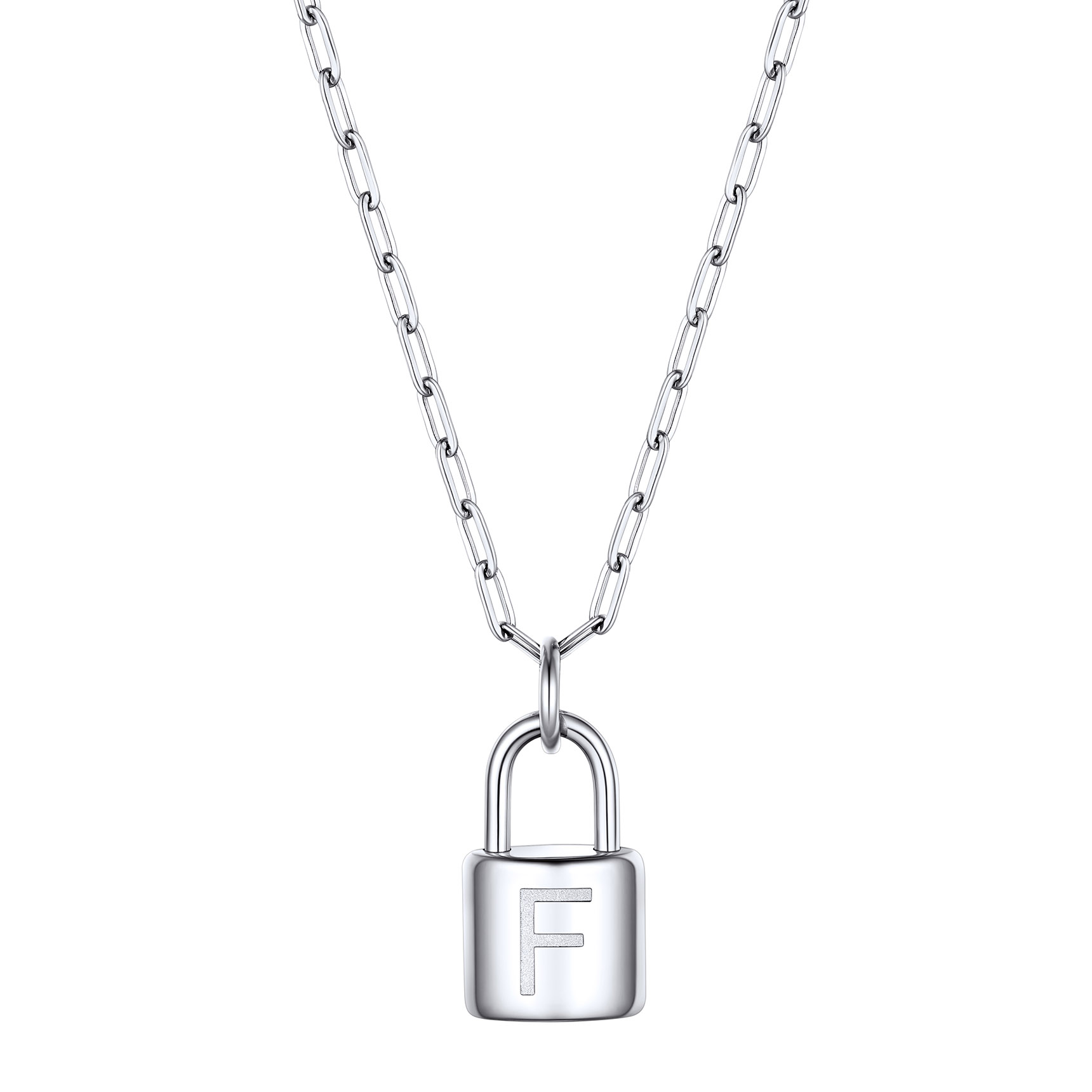 Lock Initial Necklace for Women Stainless Steel Paperclip Chain Padlock