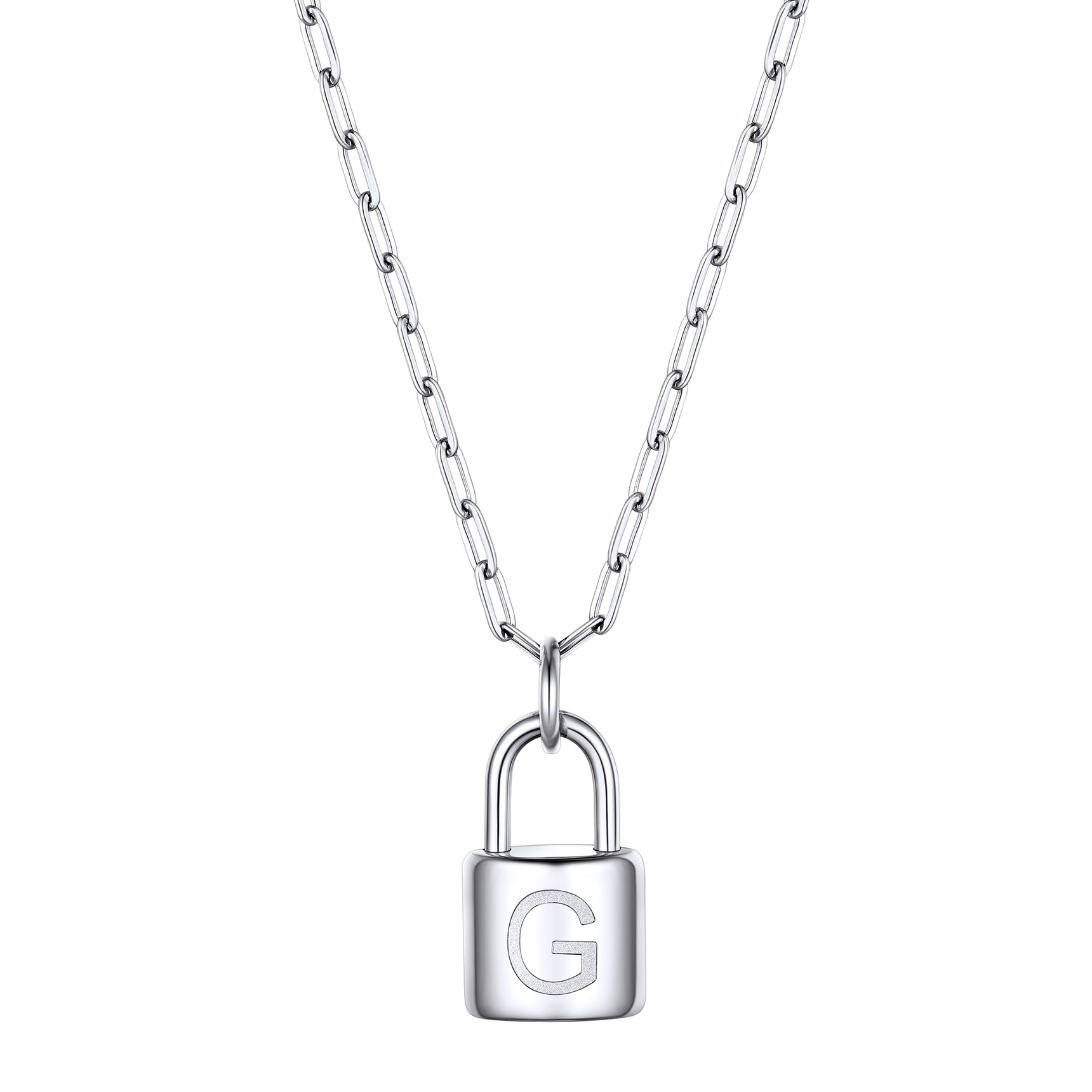 Lock Initial Necklace for Women Stainless Steel Paperclip Chain Padlock