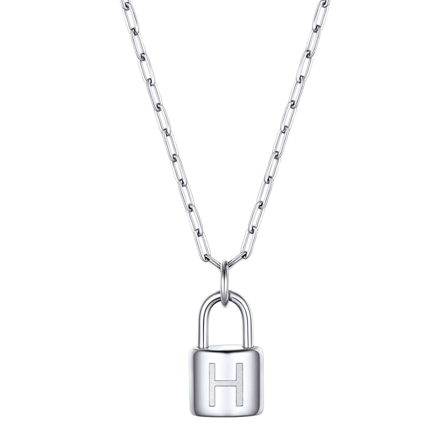 Lock Initial Necklace for Women Stainless Steel Paperclip Chain Padlock