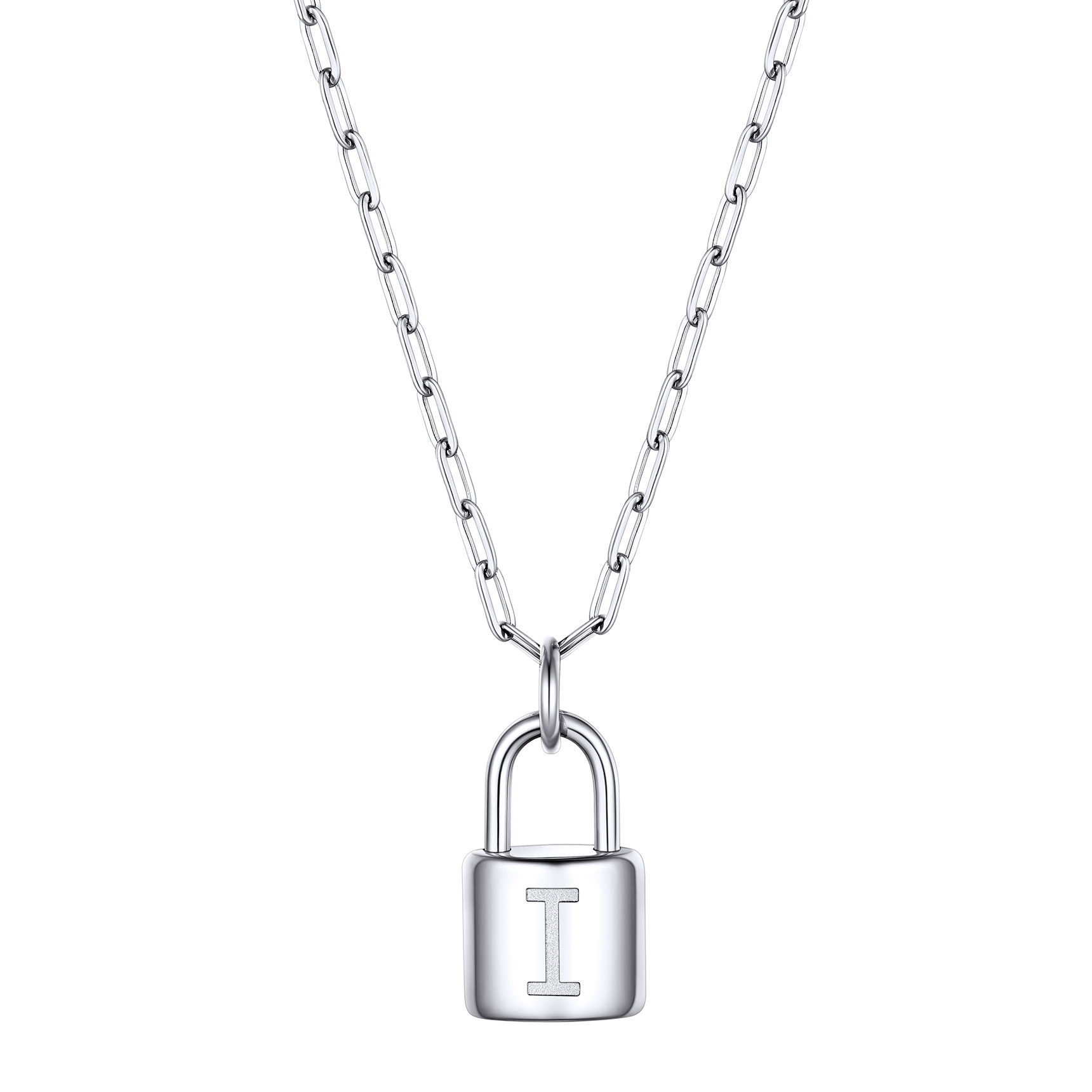Lock Initial Necklace for Women Stainless Steel Paperclip Chain Padlock