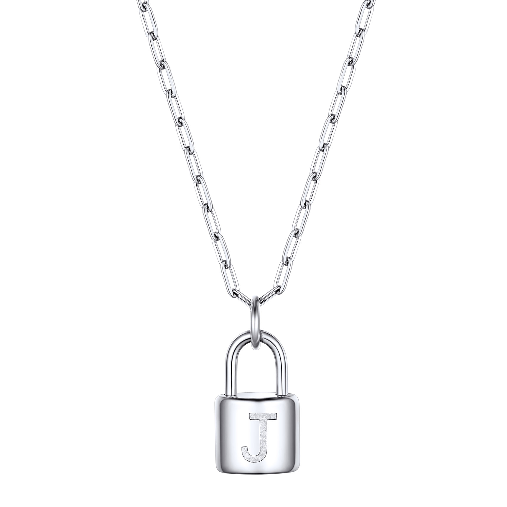 Lock Initial Necklace for Women Stainless Steel Paperclip Chain Padlock