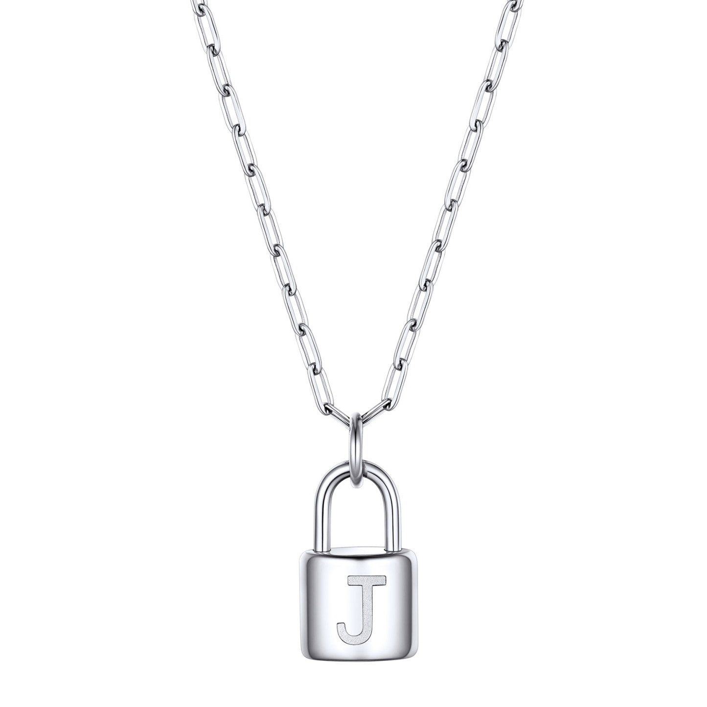 Lock Initial Necklace for Women Stainless Steel Paperclip Chain Padlock