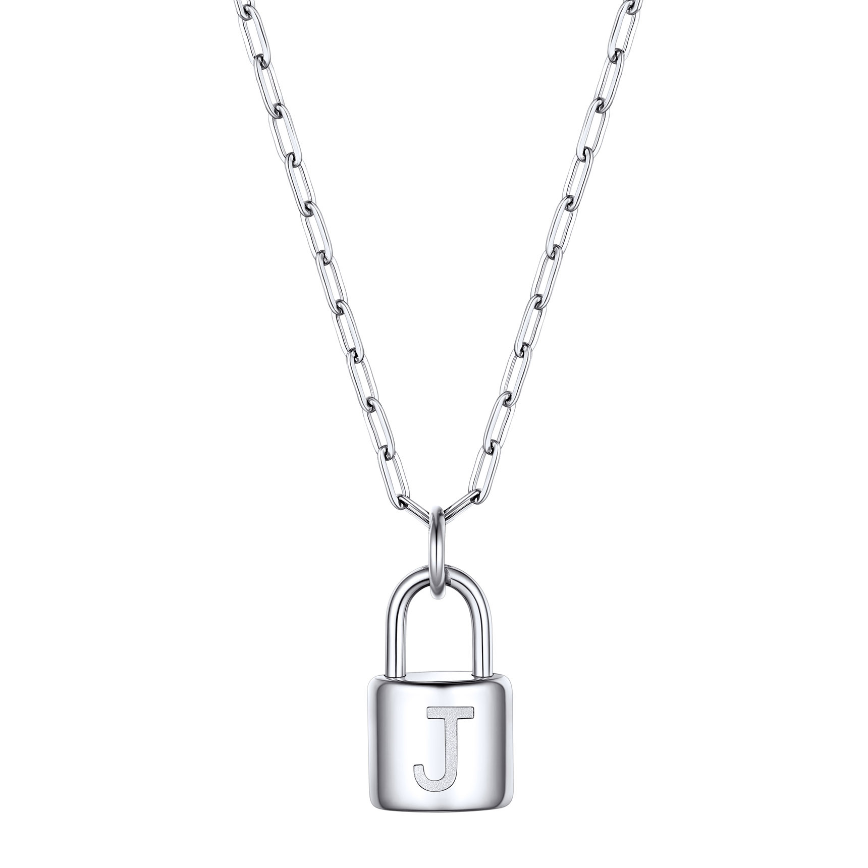 Lock Initial Necklace for Women Stainless Steel Paperclip Chain Padlock