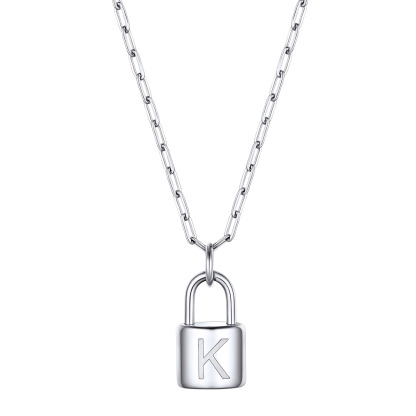 Lock Initial Necklace for Women Stainless Steel Paperclip Chain Padlock