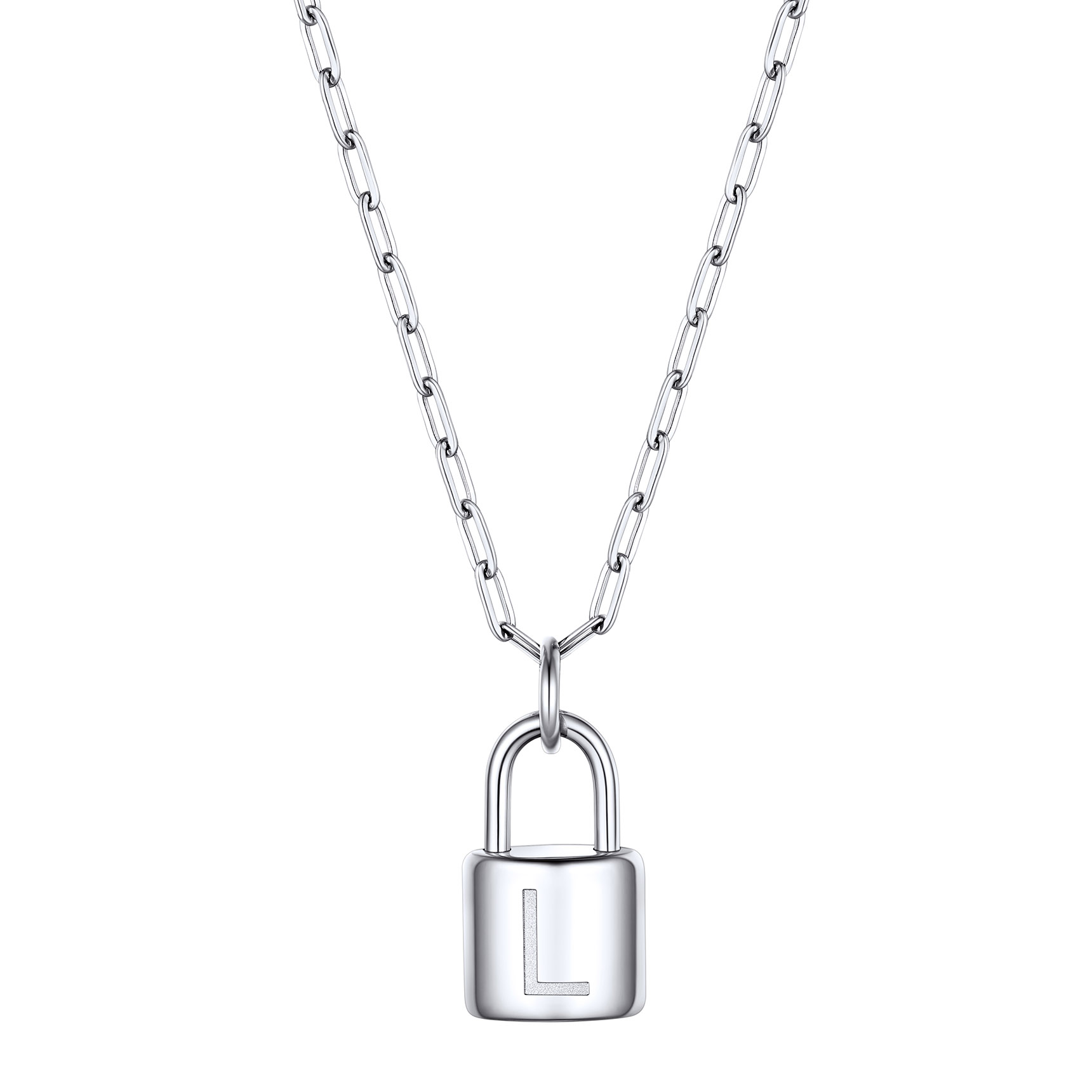 Lock Initial Necklace for Women Stainless Steel Paperclip Chain Padlock