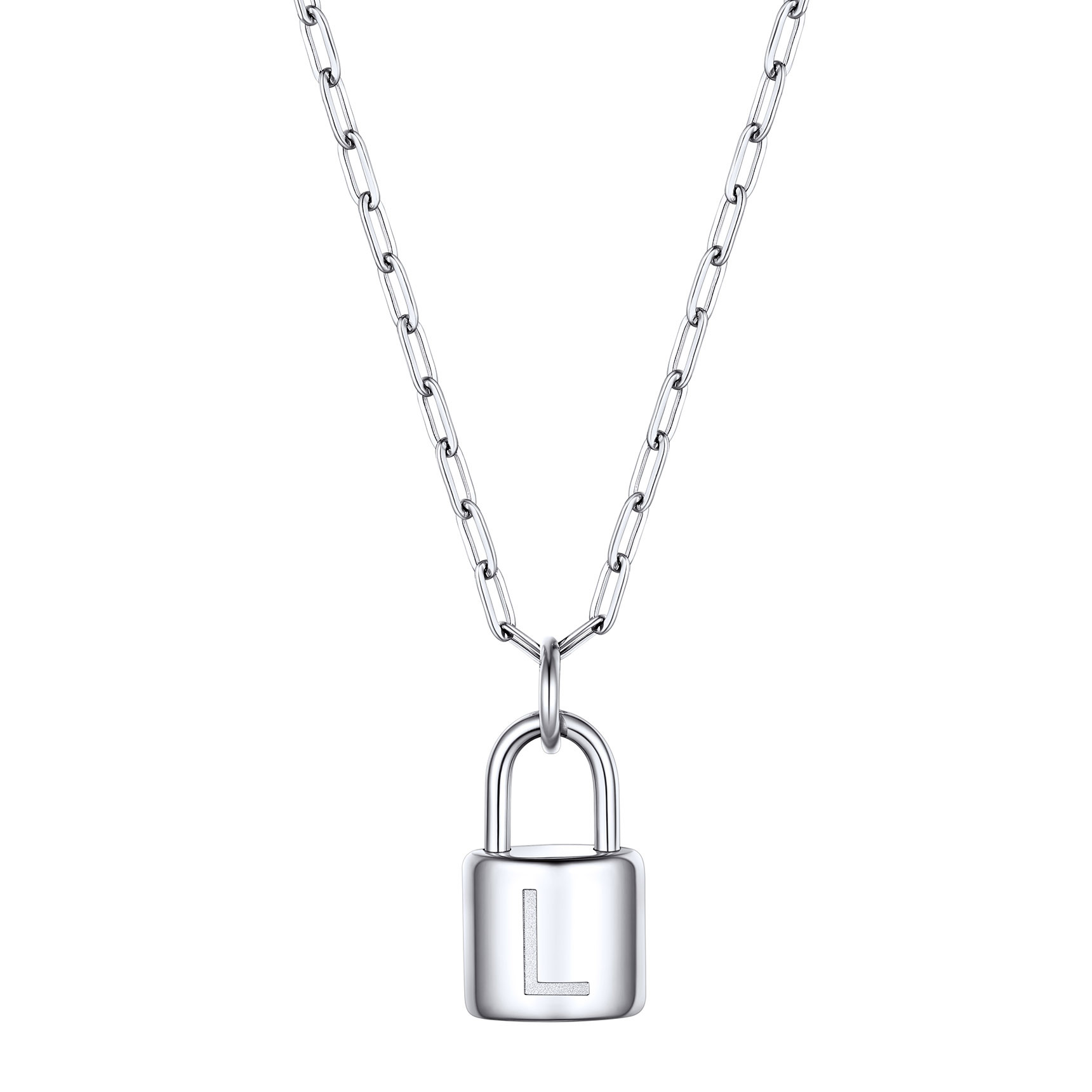Lock Initial Necklace for Women Stainless Steel Paperclip Chain Padlock