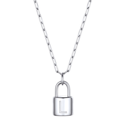 Lock Initial Necklace for Women Stainless Steel Paperclip Chain Padlock