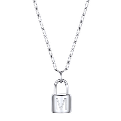 Lock Initial Necklace for Women Stainless Steel Paperclip Chain Padlock
