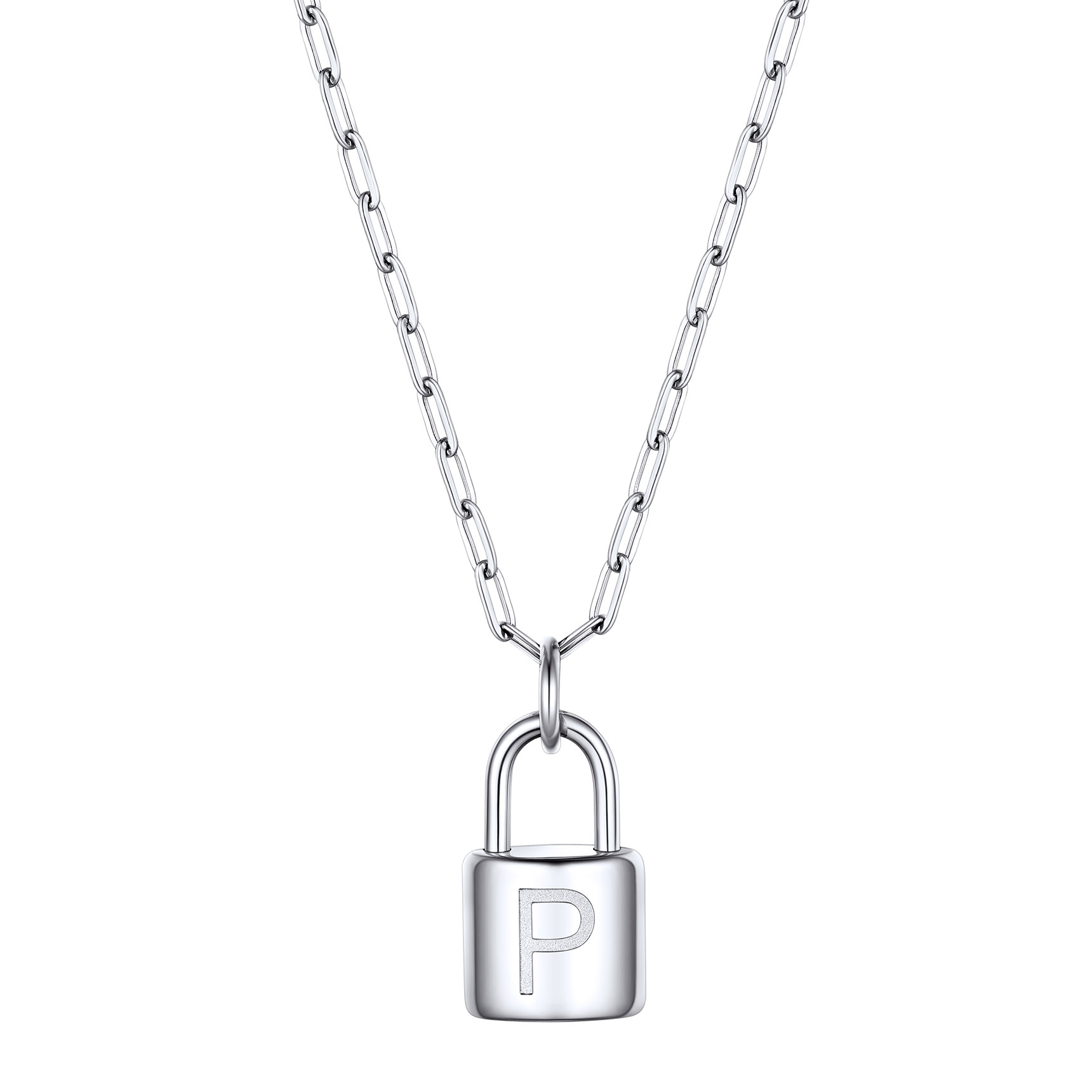 Lock Initial Necklace for Women Stainless Steel Paperclip Chain Padlock