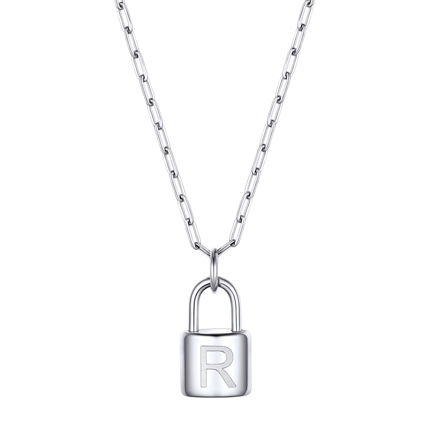 Lock Initial Necklace for Women Stainless Steel Paperclip Chain Padlock