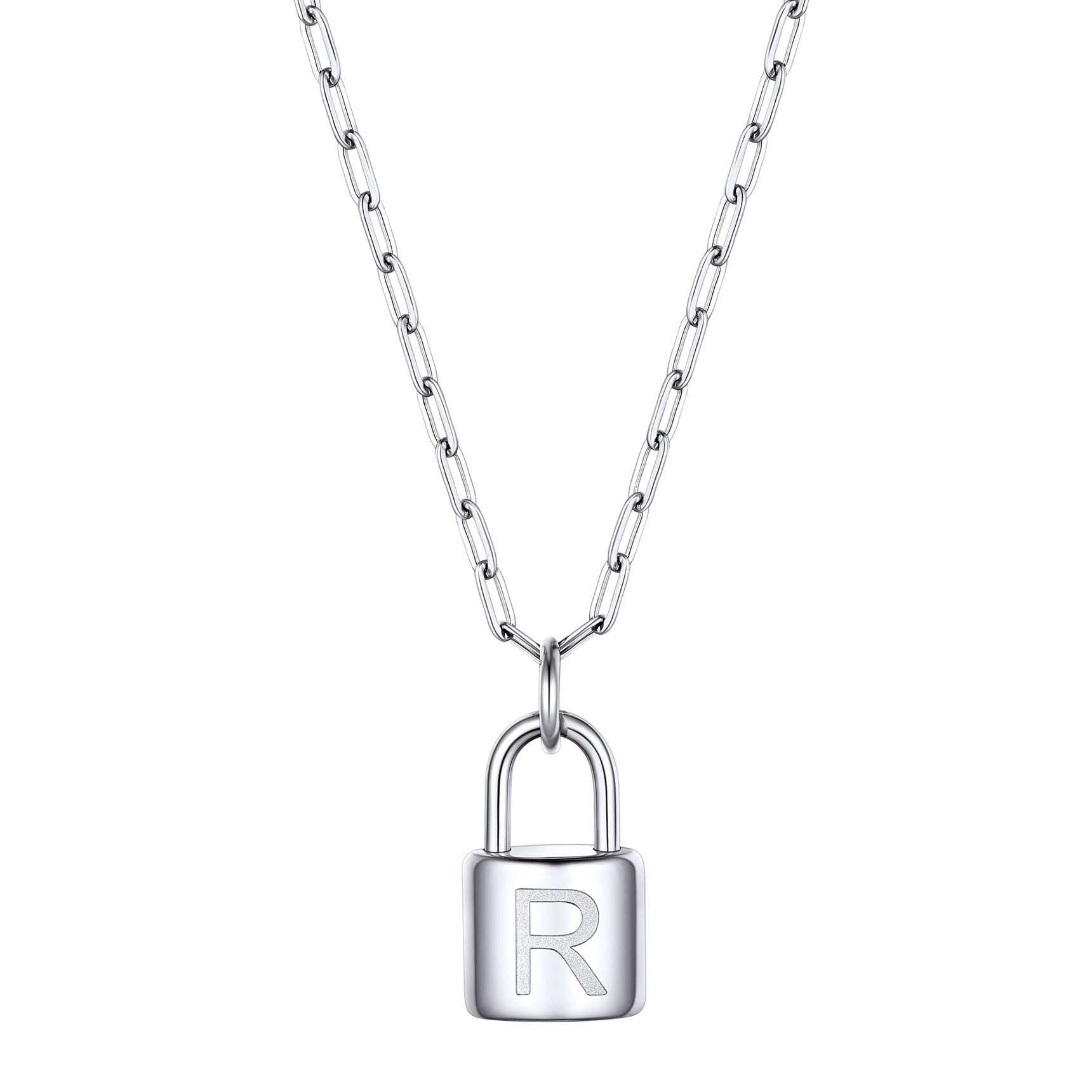 Lock Initial Necklace for Women Stainless Steel Paperclip Chain Padlock
