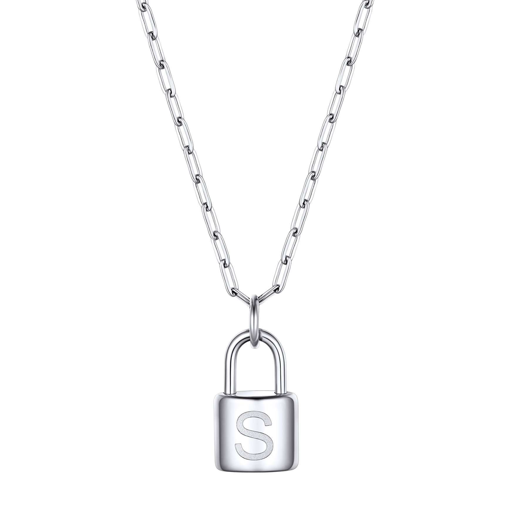Lock Initial Necklace for Women Stainless Steel Paperclip Chain Padlock
