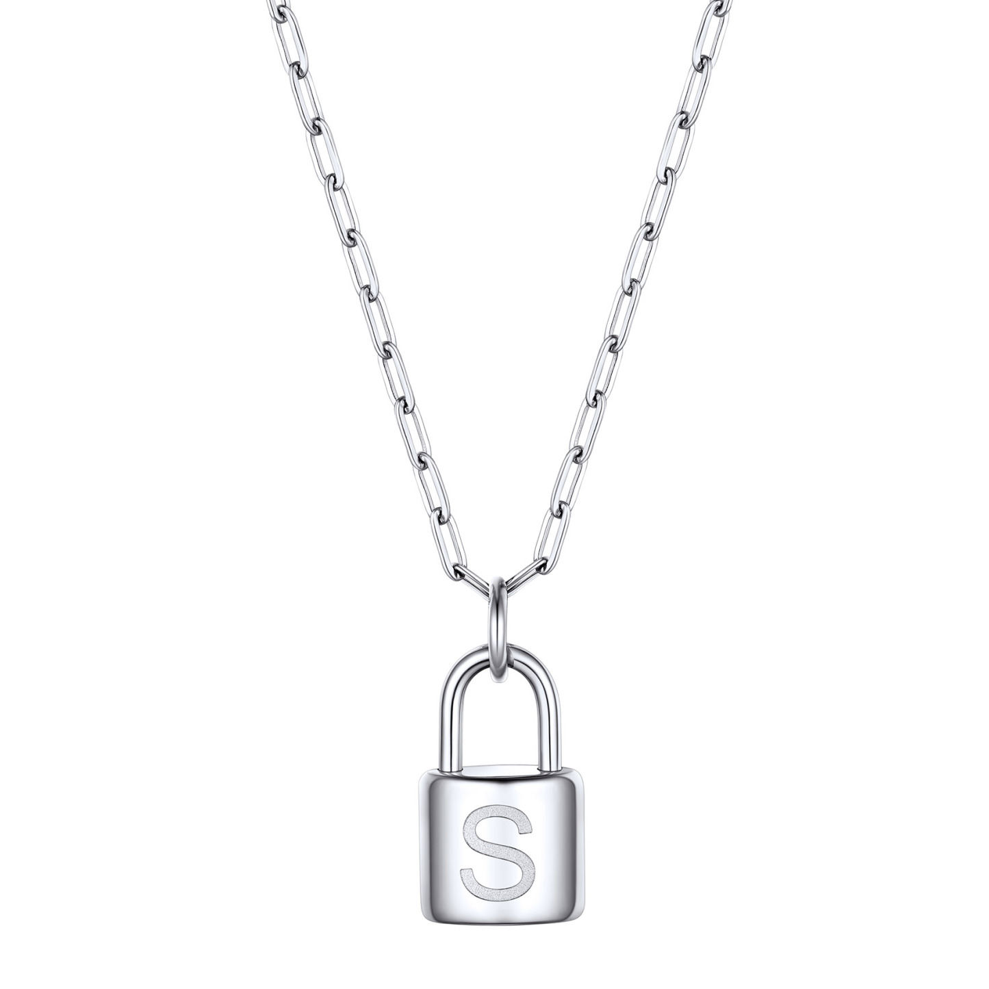Lock Initial Necklace for Women Stainless Steel Paperclip Chain Padlock