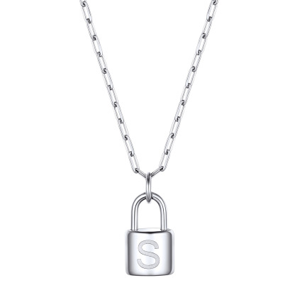 Lock Initial Necklace for Women Stainless Steel Paperclip Chain Padlock
